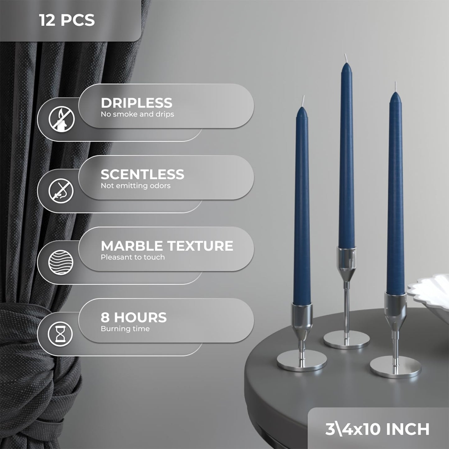 CANDWAX 25 cm Taper Candle Set of 12 - Dripless Tapered Candles Unscented Candle Sticks - Long Dinner Candles Long Burning - Dark Blue Candles 10 inch