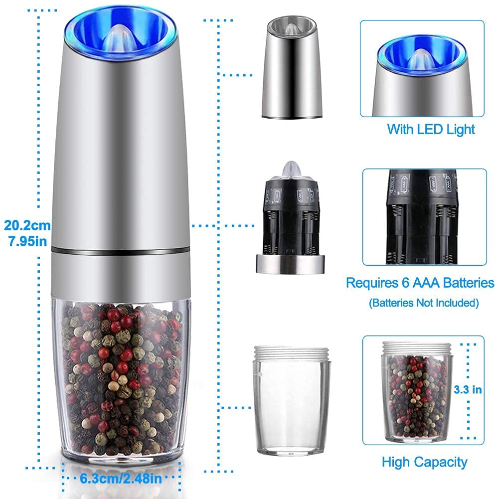 Gravity Electric Salt and Pepper Grinder Set,Battery Salt Pepper Grinder,Automatic Salt and Pepper Mills with Blue Light,Adjustable Coarseness,One Handed Operation,Cleaning Brush(Silver, 2pcs/Pack) Silver