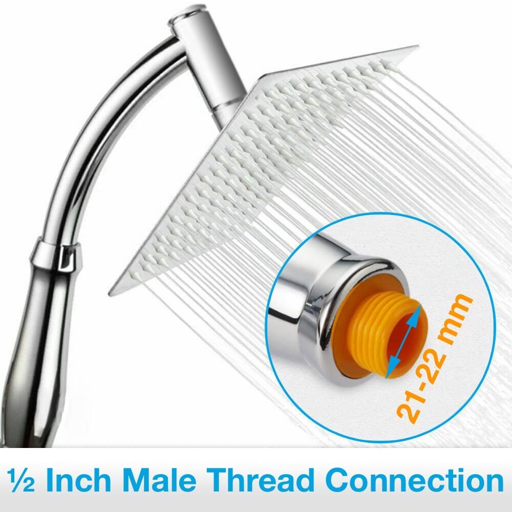 SIEYESCITY Large Powerful Rainfall Shower Head and Handheld Shower Arm - High Pressure Rain Shower Heads with Extension Arm in Chrome - Universal G1/2 Square Waterfall Showerhead 8 inch 8 Inch-100 Jets