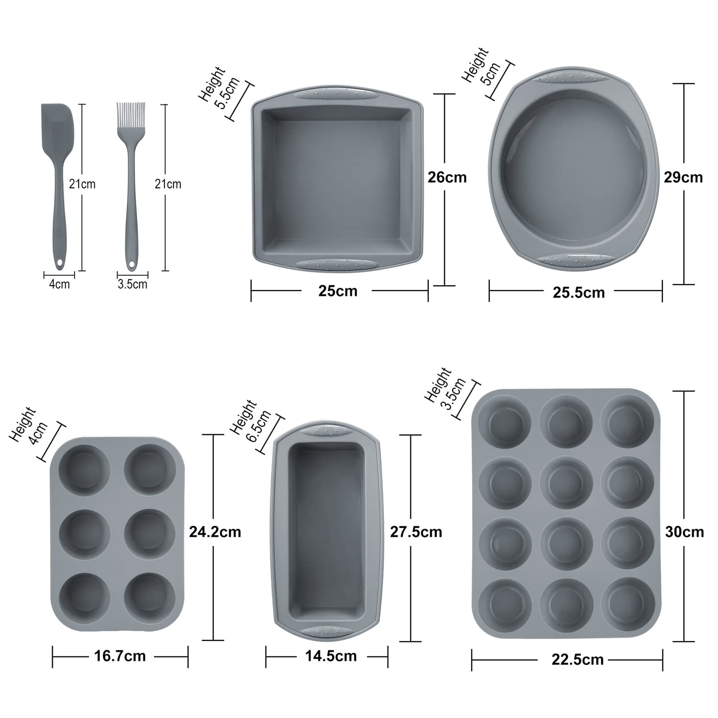 Aschef Economical 7in1 Nonstick Silicone Baking Cake Pan Tin Tray Sheet Mould Set for Oven, BPA Free Heat Resistant Bakeware Supplies Mold Tools Kit for Pancake Cupcake Bread Loaf Muffin Utensil Grey 7in1