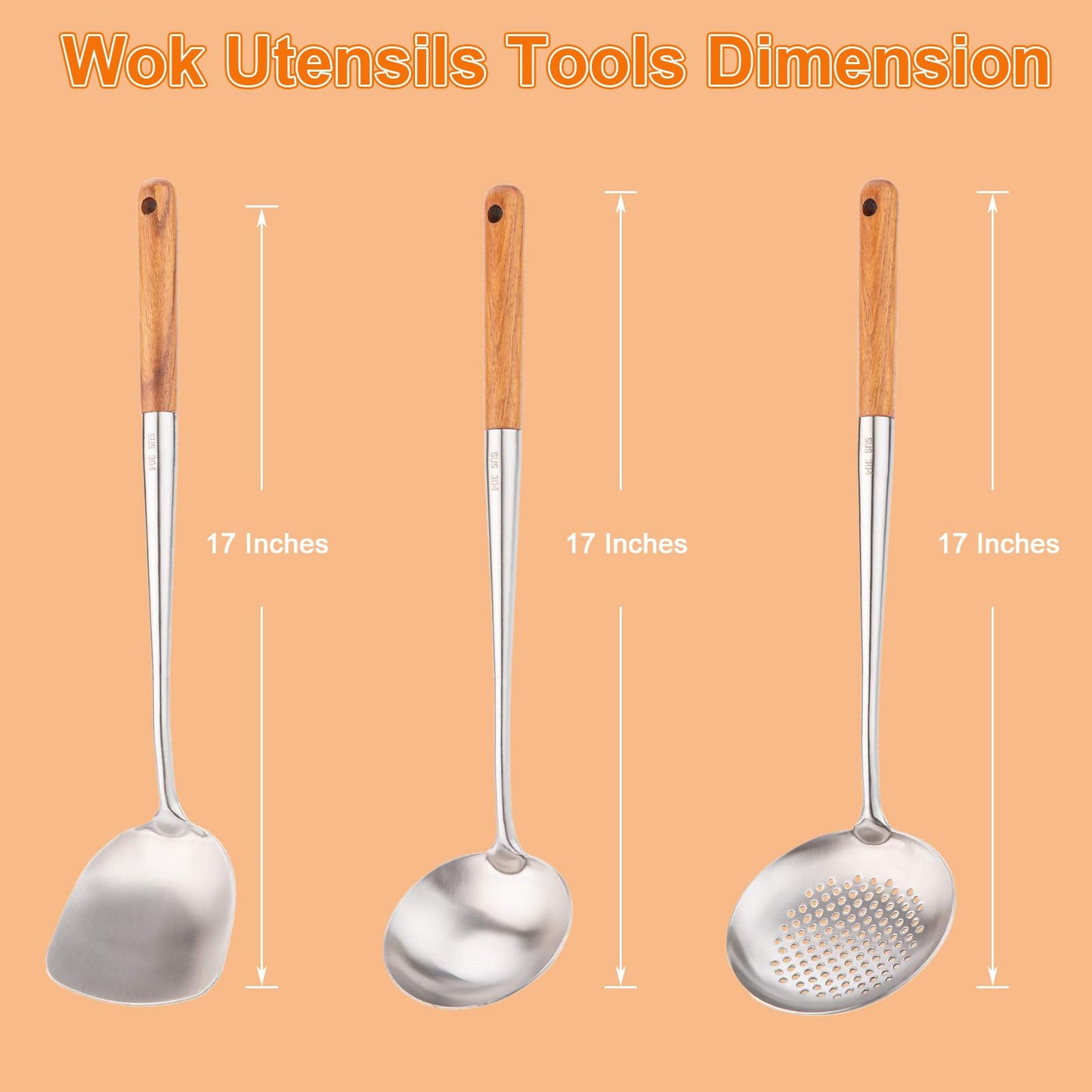 Wok Spatula and ladle,Skimmer Ladle Tool Set, 17inches Spatula for Wok, 304 Stainless Steel Wok Spatula. 3pcs