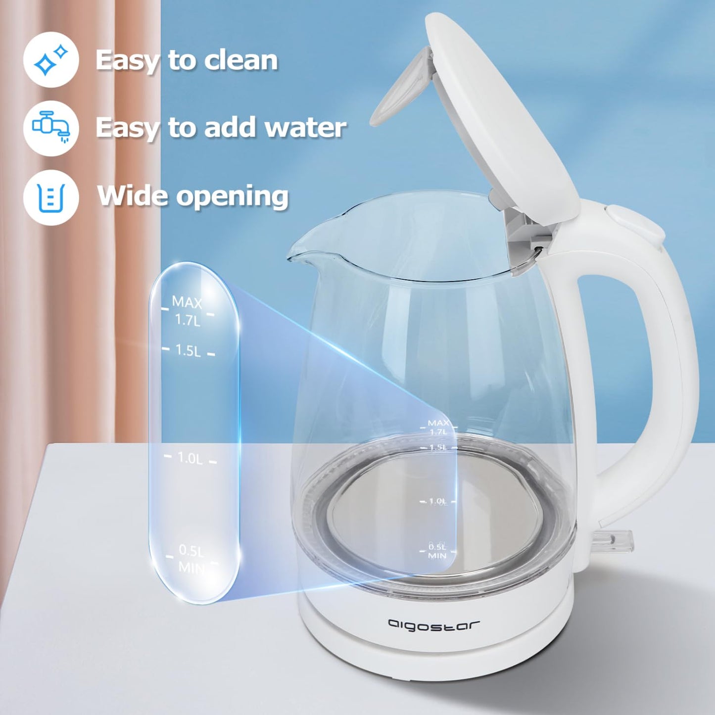 Aigostar Eve 30KHT - Glass Water Kettle with LED Lighting, 2200 Watts, 1.7 Liter, Boil-dry Protection, BPA Free, White