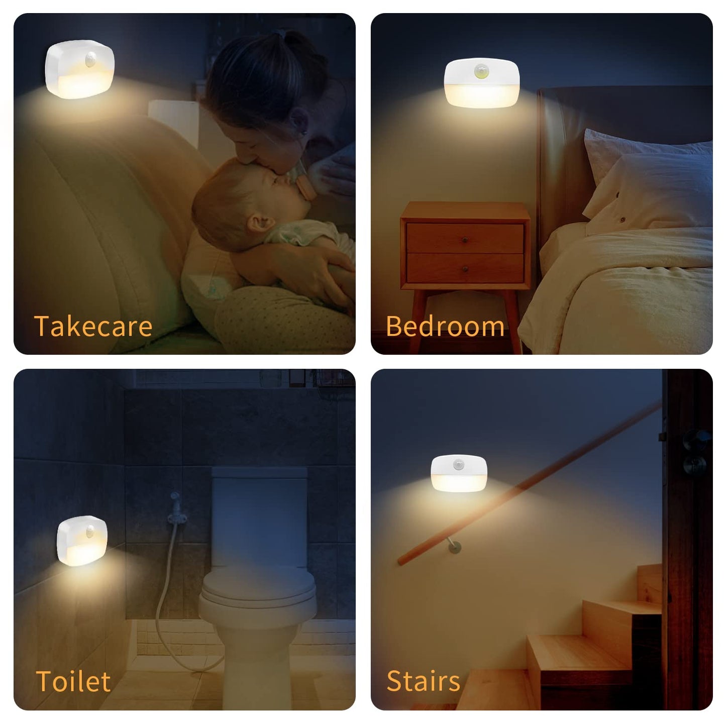 LED Motion Sensor Night Light, [4 Pack] Stick-On Night Light by Battery Powered, Stair Sensor Lights Indoors, Auto/ON/Off Light for Toilet, Hallway, Closet, Kitchen, Children's Room, Warm White light 4 PCS Warm White Night Light