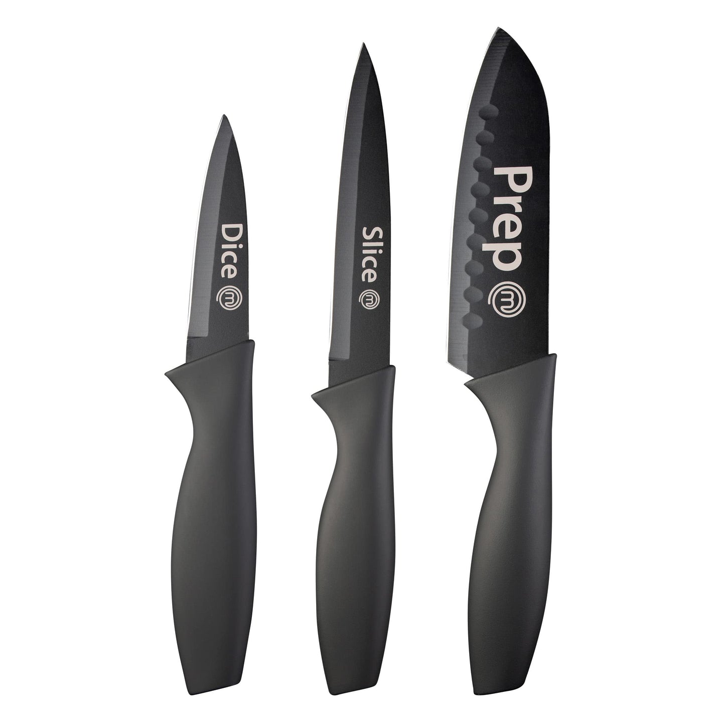 MasterChef Knife Set of 3 For Kitchen (Chef, Paring & Utility) Professional, Extra Sharp, Stainless Steel Blades With Non Stick Coating & Soft Touch Grip, Essential Collection 3 Piece, Black Black (With Captions) Single