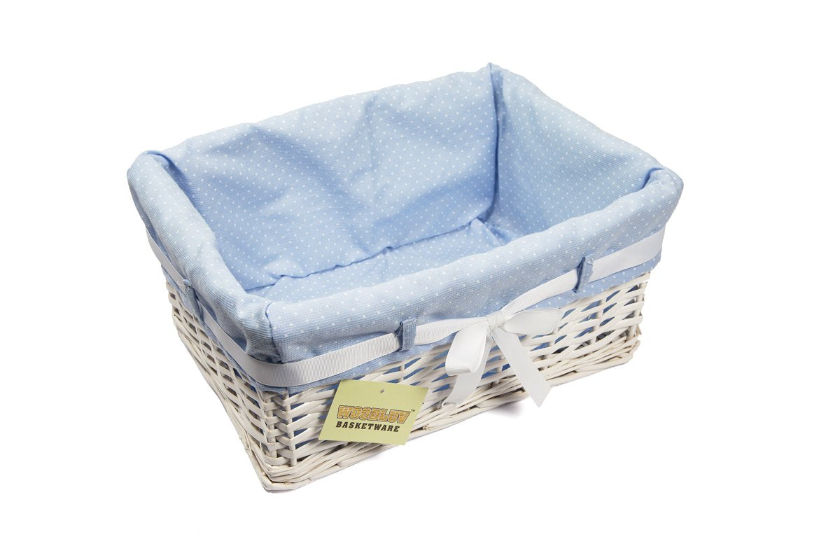 Woodluv Rectangular White Willow Wicker Hamper Storage Basket-With Blue Fabric & Ribbon (Gift Hamper Basket) -Medium Medium