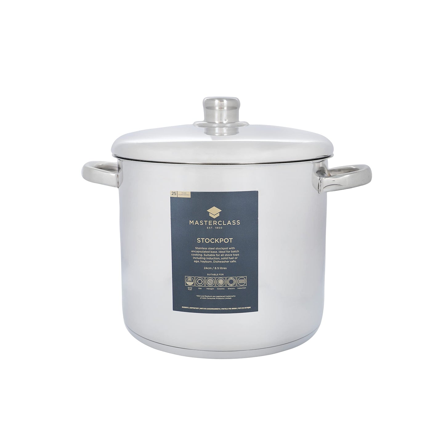 MasterClass Stock Pot With Lid 8.5L/24cm, Induction-Safe, Stainless Steel, Silver 8.5 Litre Single