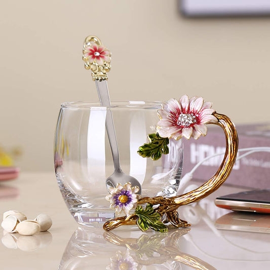 PPEA Enamel Sunflower Crystal Lead-Free Glass Tea Cup with Spoon Set, Present for The Christmas, Valentine's Day.Best Present for Mother, Grandma, Girlfriend, Sister. 11oz / 320ml Carton Package