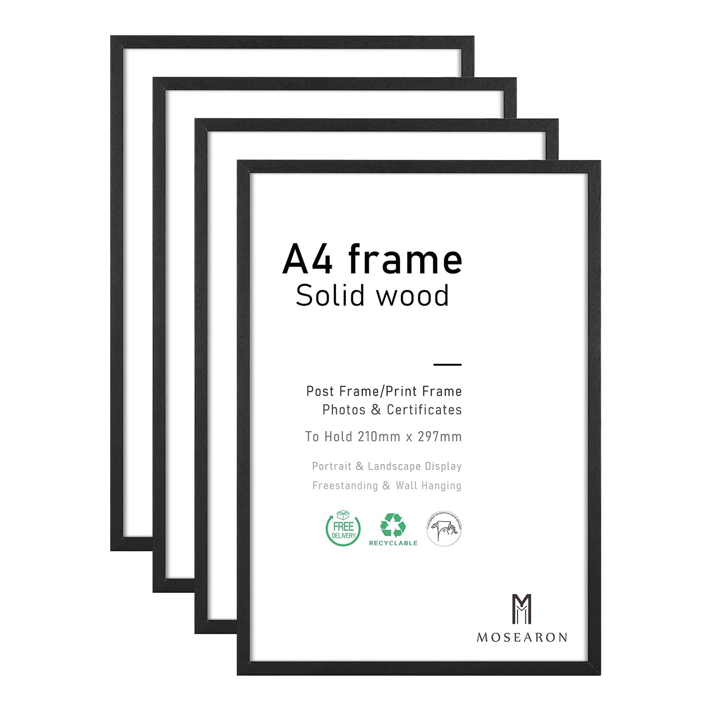 A4 Wood Photo Frame,4 Pack-21x30cm Black Wood Picture Frame,Certificate Frame for Wall Mount or Table Top Display,Set of 4 A4,4 paquets