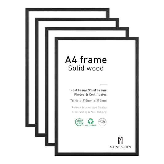 A4 Wood Photo Frame,4 Pack-21x30cm Black Wood Picture Frame,Certificate Frame for Wall Mount or Table Top Display,Set of 4 A4,4 paquets