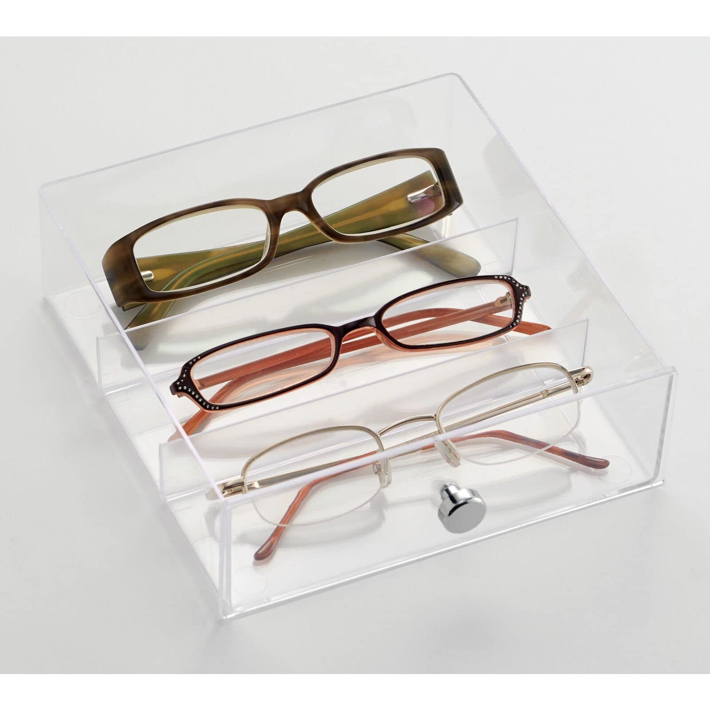 mDesign Glasses Display Case — Eyeglasses Storage Box with 2 Divided Drawers — Spectacle Storage Unit Clear