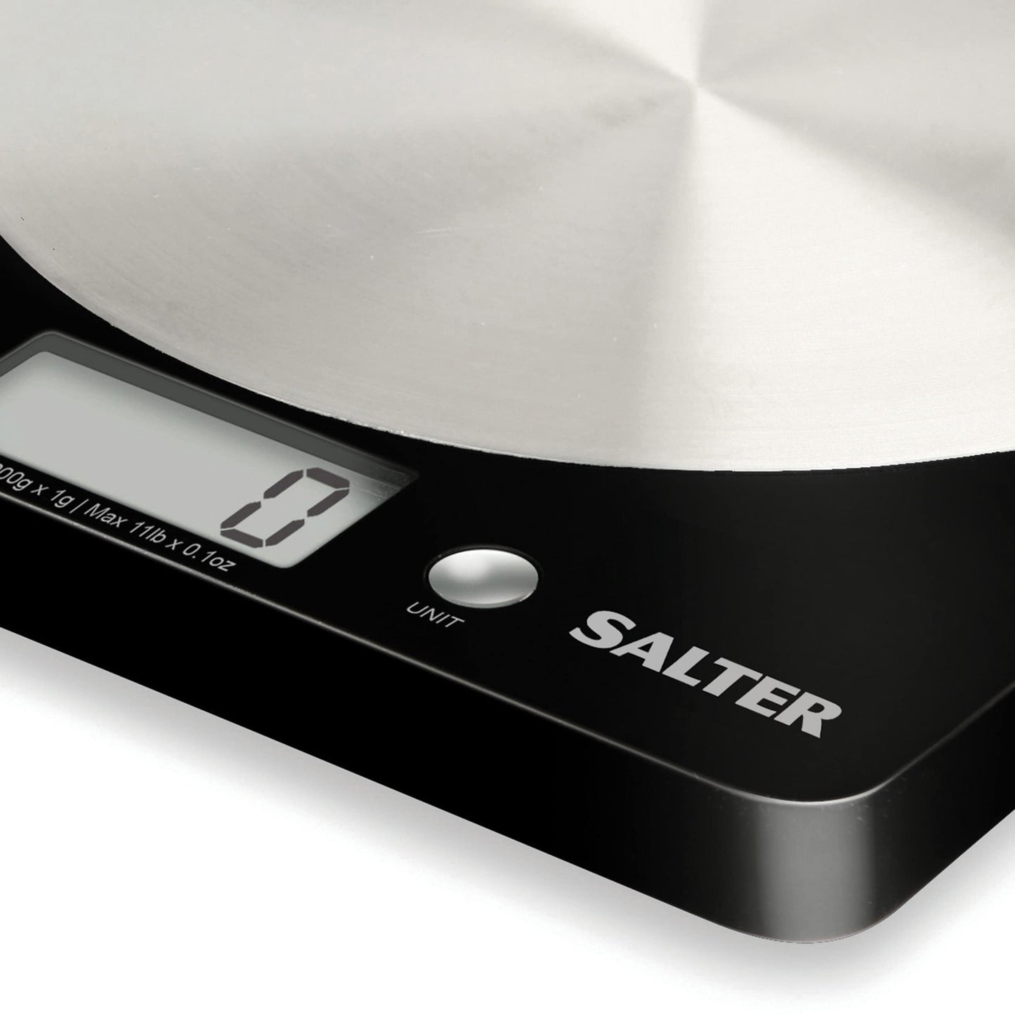 Salter 1036 BKSSDR Electronic Kitchen Scale – Digital Baking Scale with 5kg Capacity, Food Weighing Scale with Stainless Steel Disc Platform, LCD Display, Add & Weigh/Tare Function, Measure Liquids Black Single