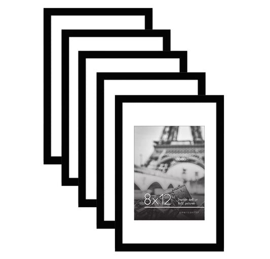 Americanflat 12x8 Photo Frame in Black - Set of 5 - Use as 6x8 Photo Frame with Mount or 8x12 Frame Without Mount - Plexiglass Cover and Hanging Hardware for Horizontal or Vertical Display LONDON