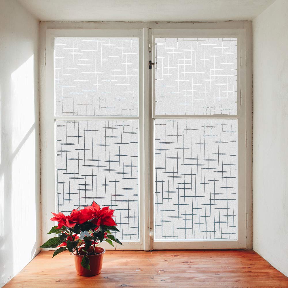 Finnez Privacy Window Film Cross Pattern Self Adhesive Glass Frosted Window Sticker Decorative Static Cling Anti UV Reusable for Home Office Living Room Kitchen - 60 X 400 CM