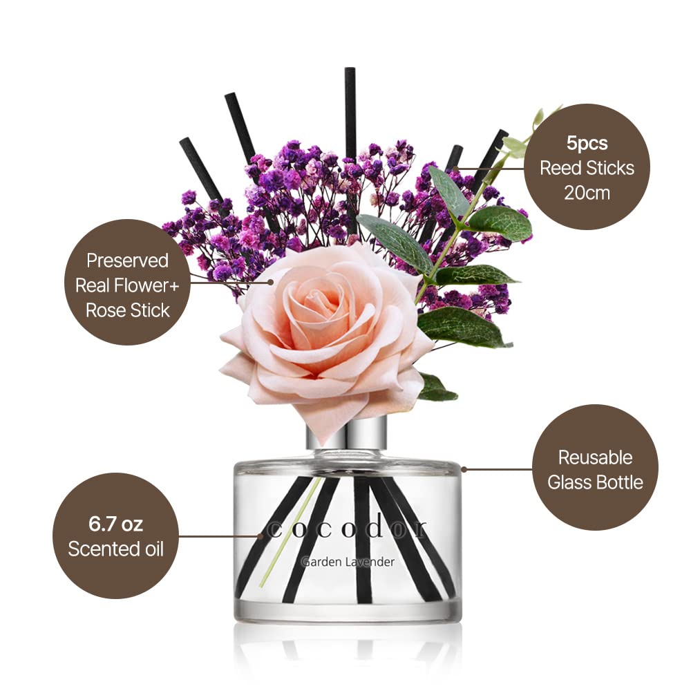 [COCODOR/Rose Perfume] Reed diffuser oil 200ml with Rose, Eucalyptus and Preserved Flower sticks. Best for Home, Kitchen, Bathroom. Diffusers with Sticks Rose/200ml/1Pack Rose Perfume