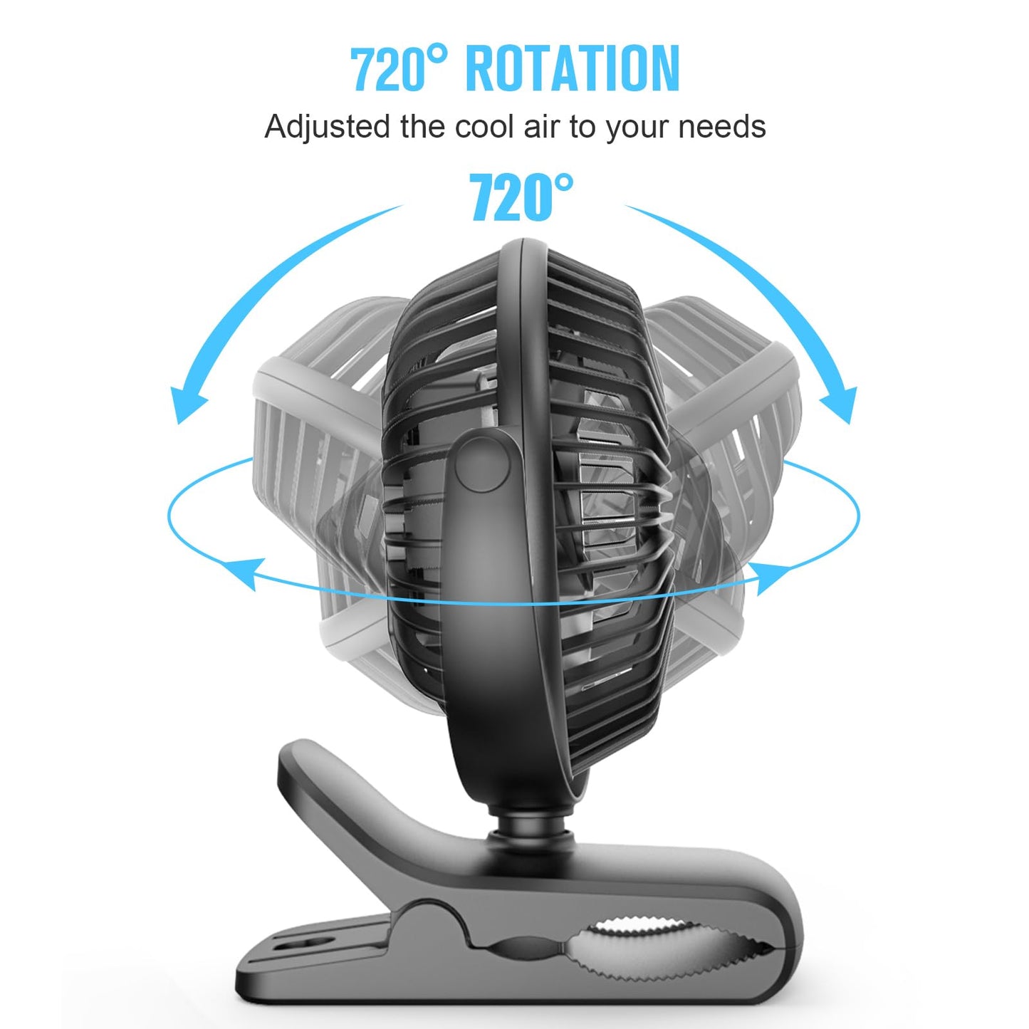 HONYIN Mini USB Clip Fan, Clip and Desk Personal Fan with Sturdy Clamp, 720° Rotation, Desktop Table Cooling Fan by USB Plug In, for Home, Office and Desk Black