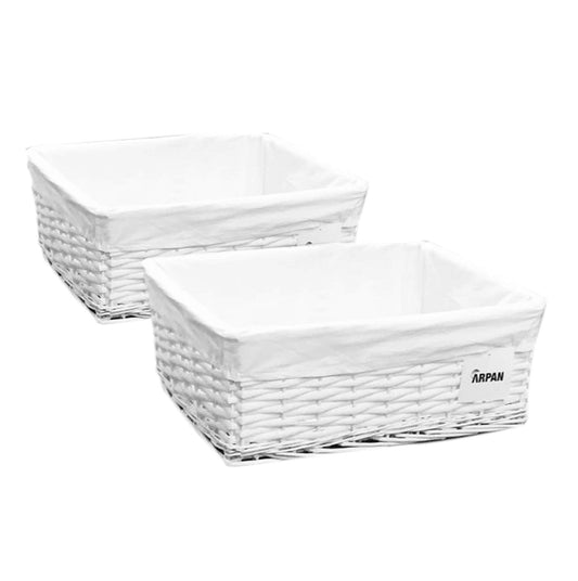 2 x 100% Eco-Friendly White Wicker Storage Basket with Cloth by Arpan (Large- W43xD32xH16cm) Large- W43xD32xH16cm