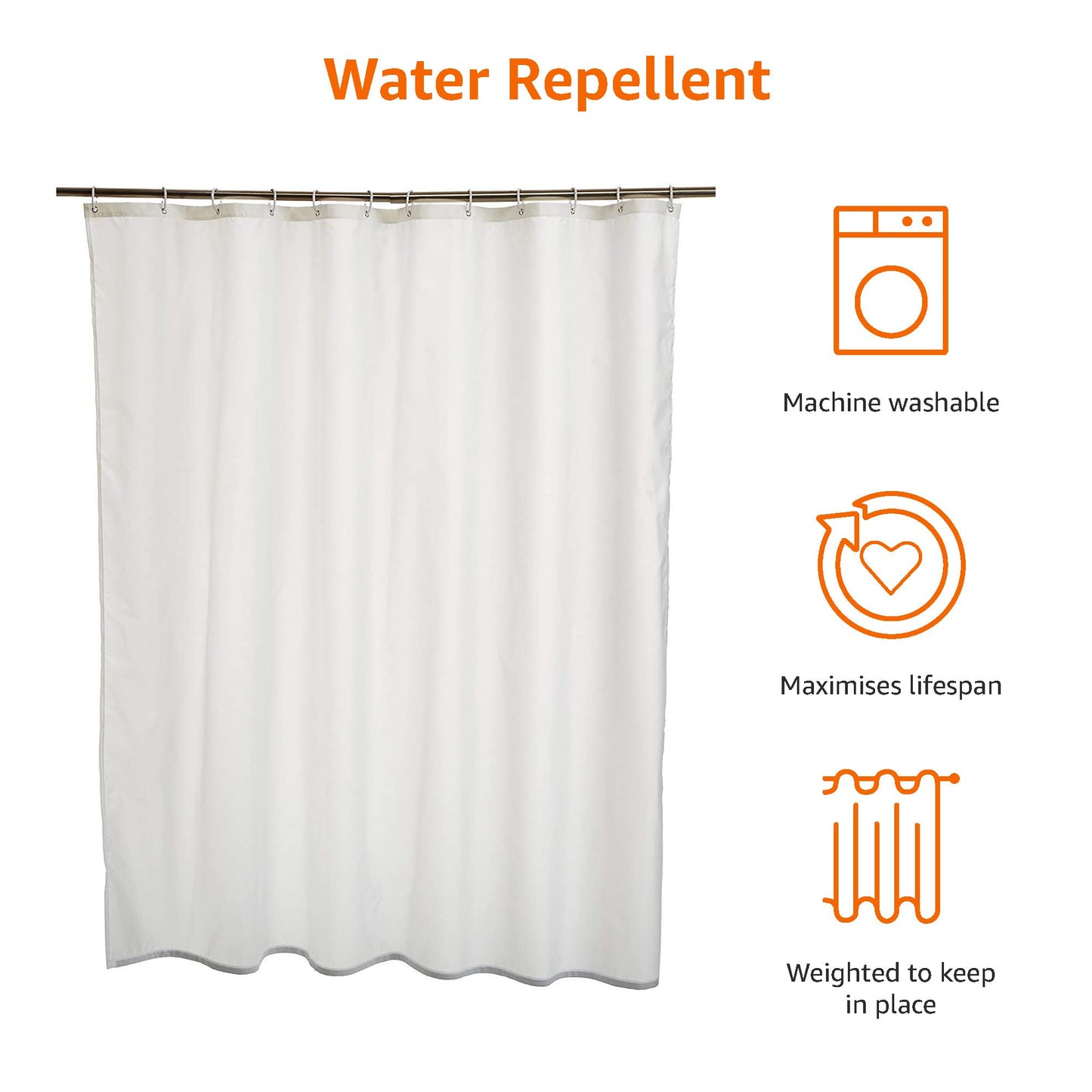 Amazon Basics Solid Colour Fabric Shower Curtain Mould Resistant and Water Repellent, White, 180 x 180cm