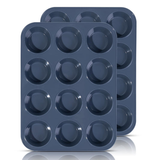 SUPER KITCHEN Set of 2 Large Muffin Tray 12 Cup Silicone Muffin Pan, Non-Stick Muffin Cupcake Tin, Baking Mould for Muffins or Cupcakes, Bakeware 33 x 25 x 3 cm (Grey) Grey 2 Pack Muffin Trays