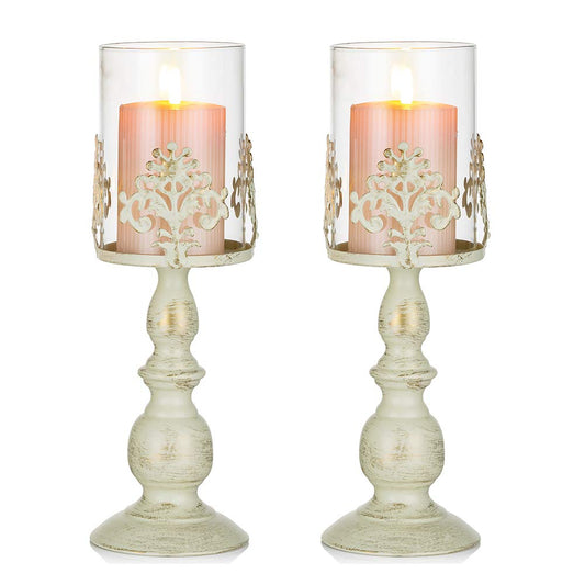 NUPTIO 2 Pcs Vintage Metal Pillar Candle Holder Antique Hurricane Candlestick with Glass Cover, Accent Display for Home Wedding Christmas Halloween Candlelight Dinner Mantlepiece Decoration (2 x L) Cream 2 X L