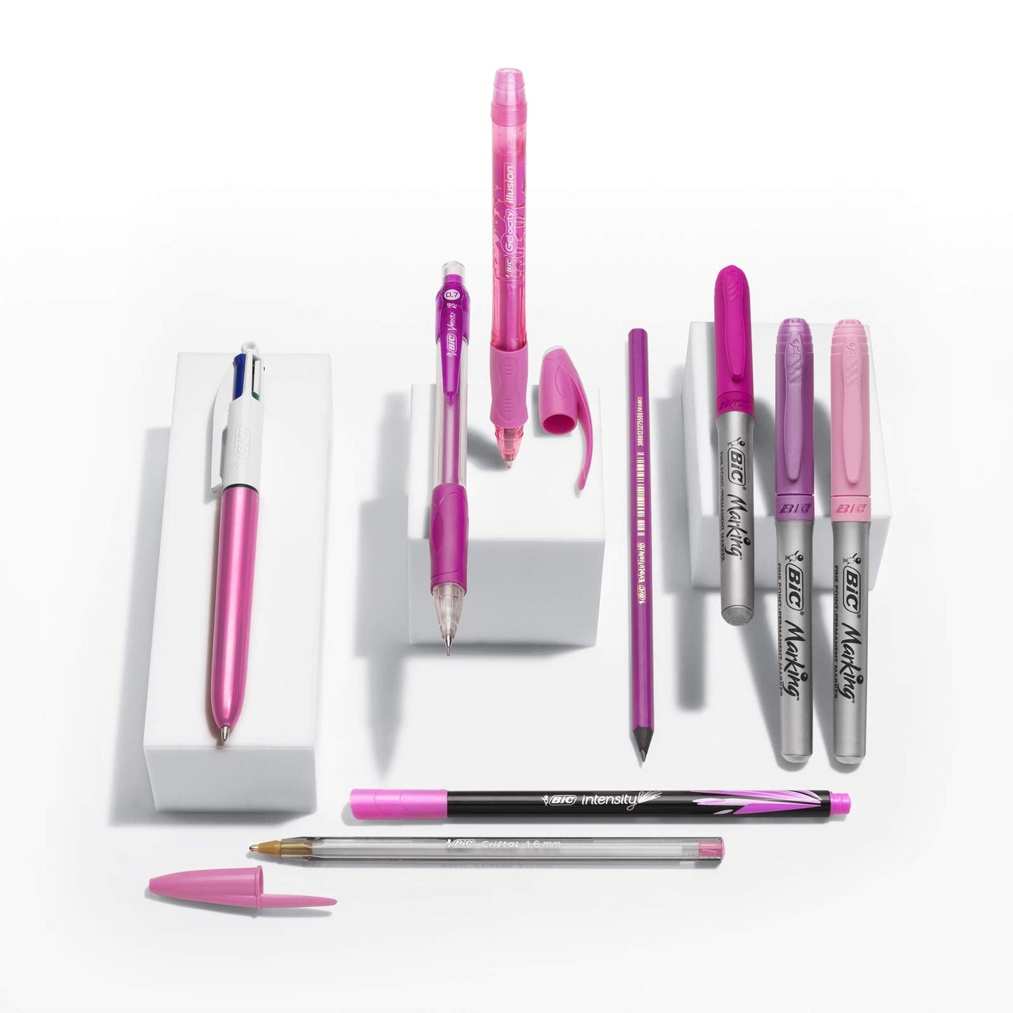 BIC Pink & Purple Set - 1 Pencil Case, 2 Ball Pens/1 Erasable Gel Pen/1 Graphite Pencil with Eraser/1 Writing Felt Pen/3 Permanent Markers/1 Mechanical Pencil Single