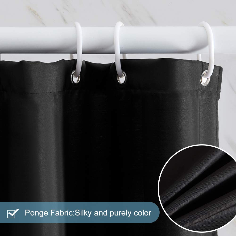 Furlinic Shower Curtain Mould Proof Resistantand Waterproof Washable Polyester Fabric Black Bath Curtains with Weight Tape 6 Hooks for Wetroom 33x72 Inch. W33" x H72"