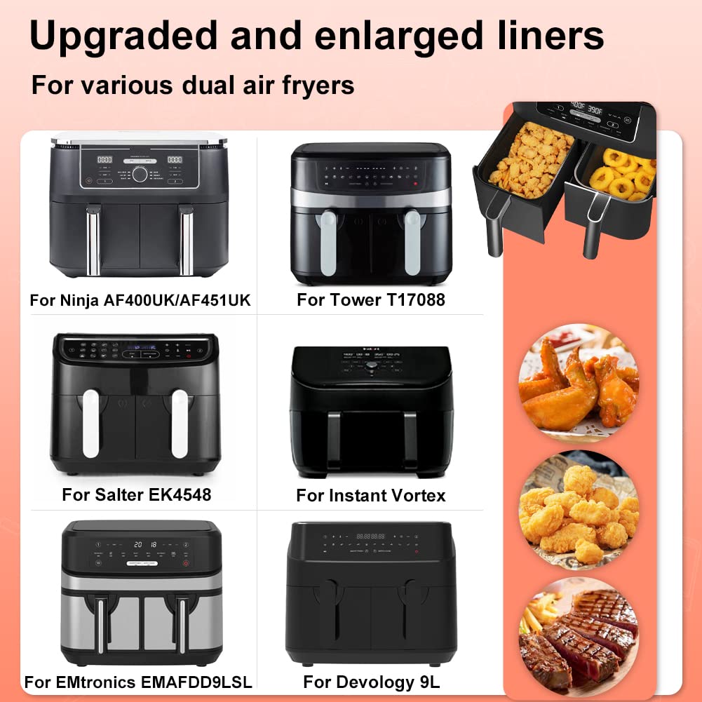 BYKITCHEN Silicone Air Fryer Liners for Ninja Dual 9.5L/Tower 9L/Instant Vortex/Salter, Large Air Fryer Accessories for Ninja AF451UK/AF400UK/EMtronics/Devology & Other 2 Drawer Air Fryer Enlarged Black