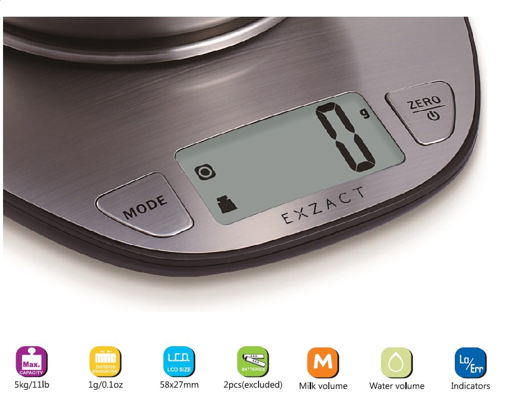 Exzact Electronic Kitchen Scale with a Mixing Bowl Stainless Steel -Digital Baking Scale - Food Scale - Support Imperial and Metric Switch - Capacity Max 5kgs Ex4350