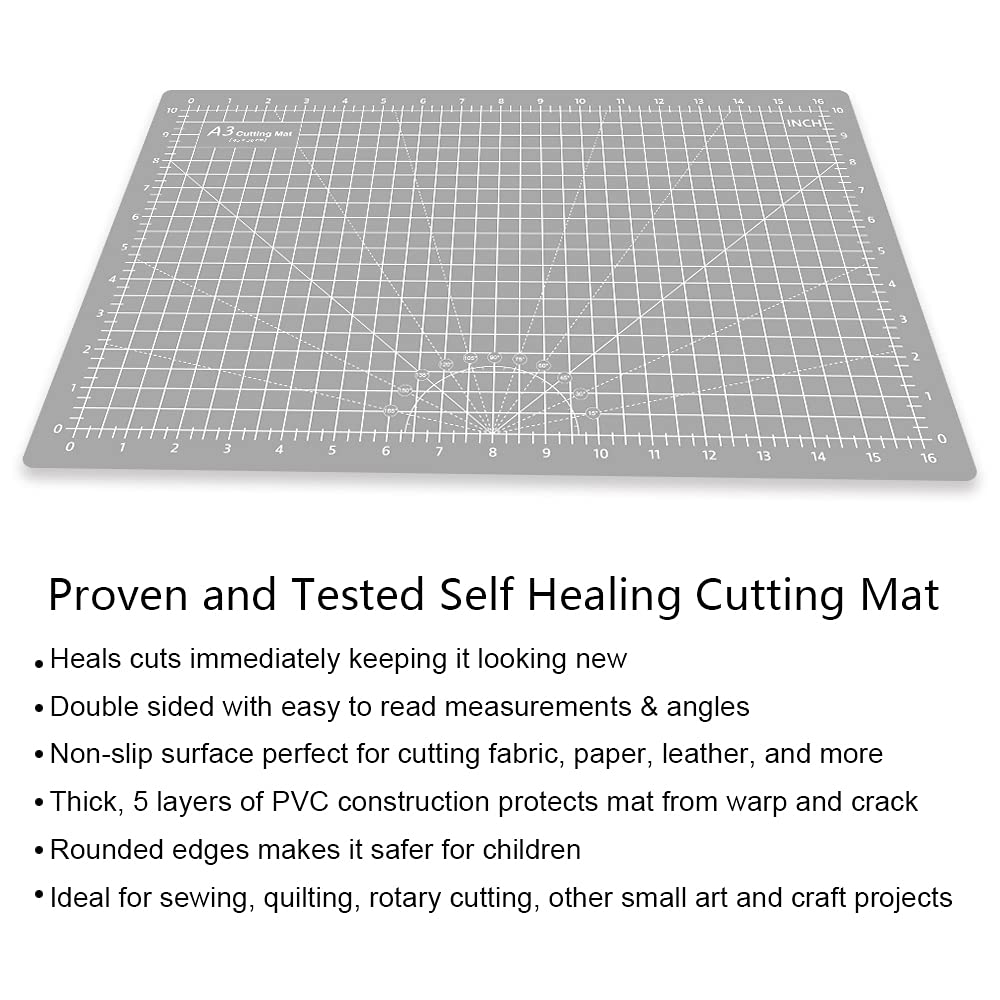 Headley Tools 12 x 18 Inch Thickened Self Healing Cutting Mat, A3 Rotary Cutting Sewing Mat for Crafts, Double Sided 5-Ply Cutting Board for Fabric Leather Modeling Hobby Project, Black/Grey A3: 30×45 cm