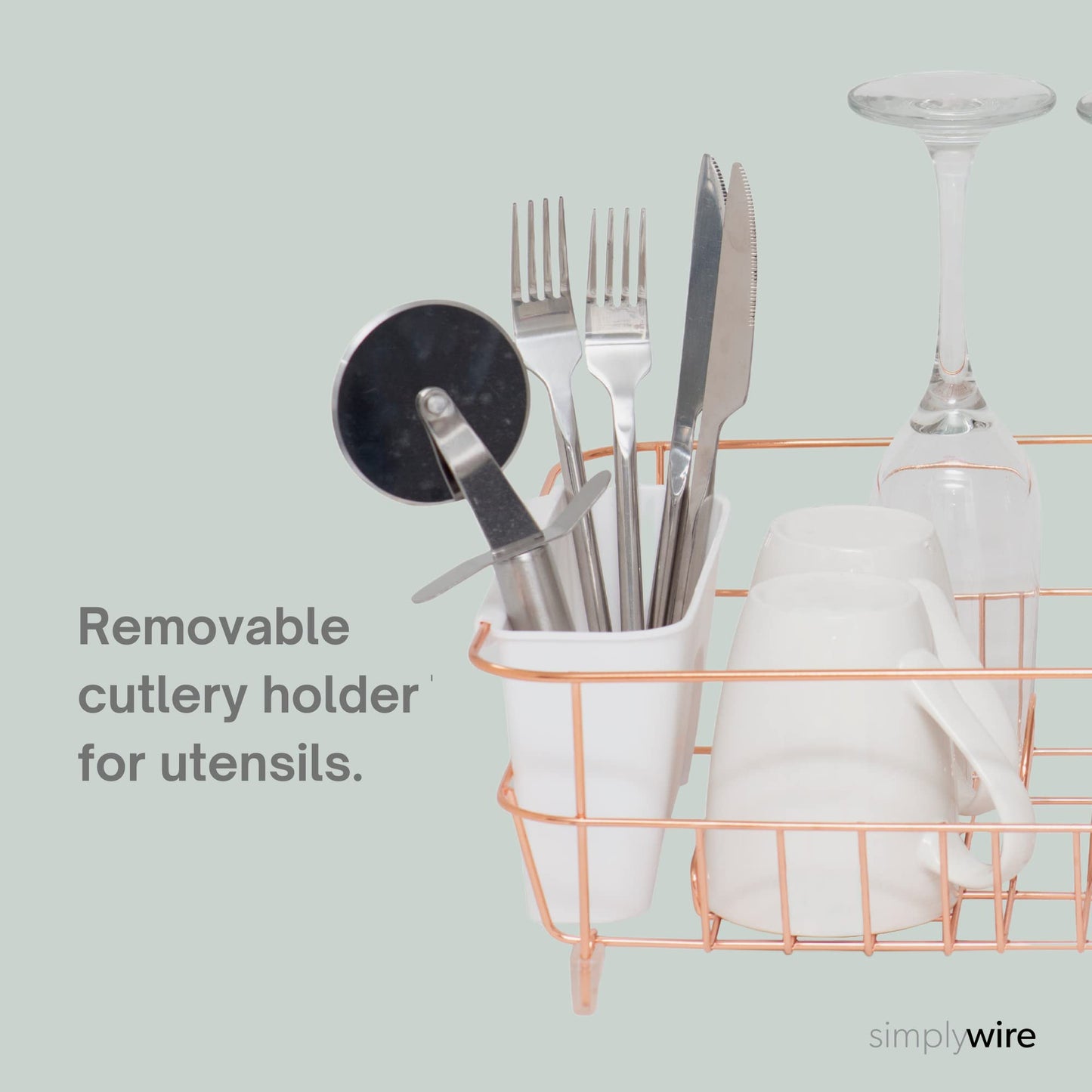 simplywire - Dish Drainer - Anti Rust Drying Rack – White Cutlery Basket - Copper Chrome Plated steel