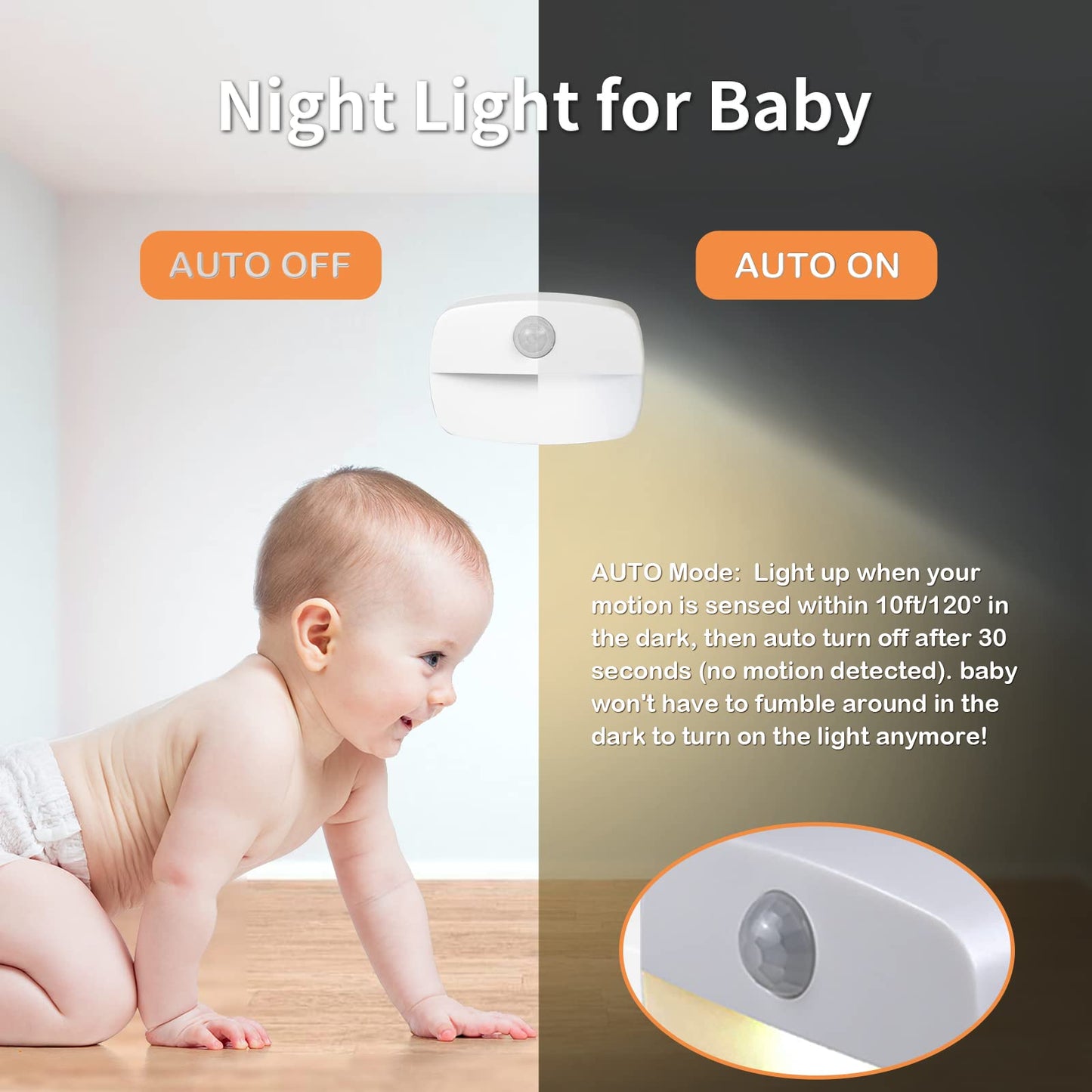 LED Motion Sensor Night Light, [4 Pack] Stick-On Night Light by Battery Powered, Stair Sensor Lights Indoors, Auto/ON/Off Light for Toilet, Hallway, Closet, Kitchen, Children's Room, Warm White light 4 PCS Warm White Night Light