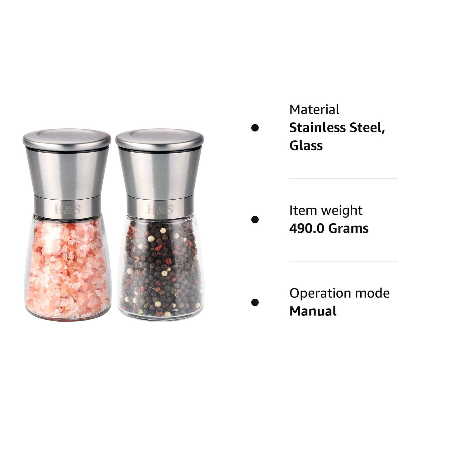 H&S Salt and Pepper Grinder Set - Manual Mill Grinders for Kitchen - Glass and Stainless Steel Spice Mills with Adjustable Coarseness - Easy to Use and Fill - Large Capacity