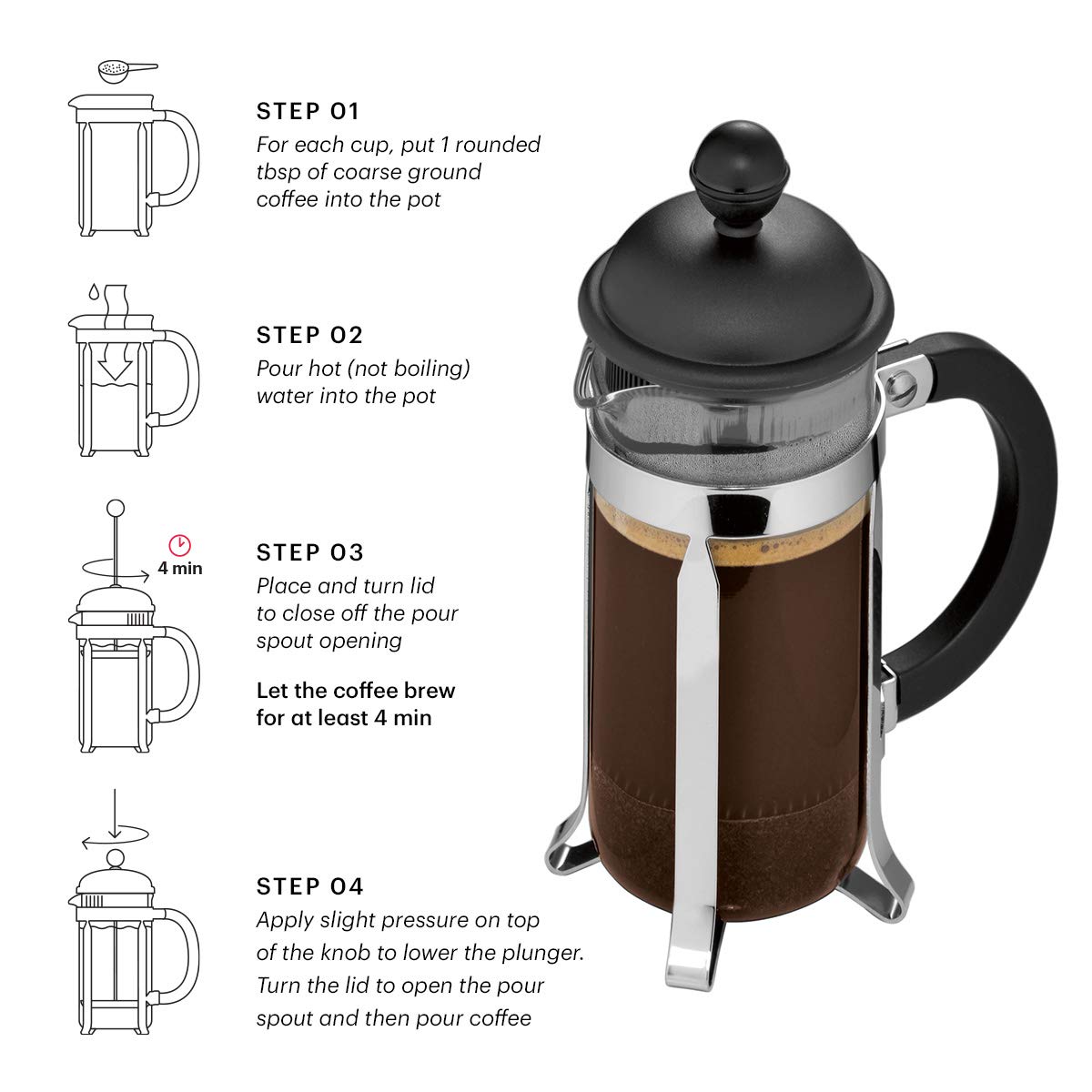 BODUM 1913-01 Caffettiera 3 Cup French Press Coffee Maker, Black, 0.35 l, 12 oz