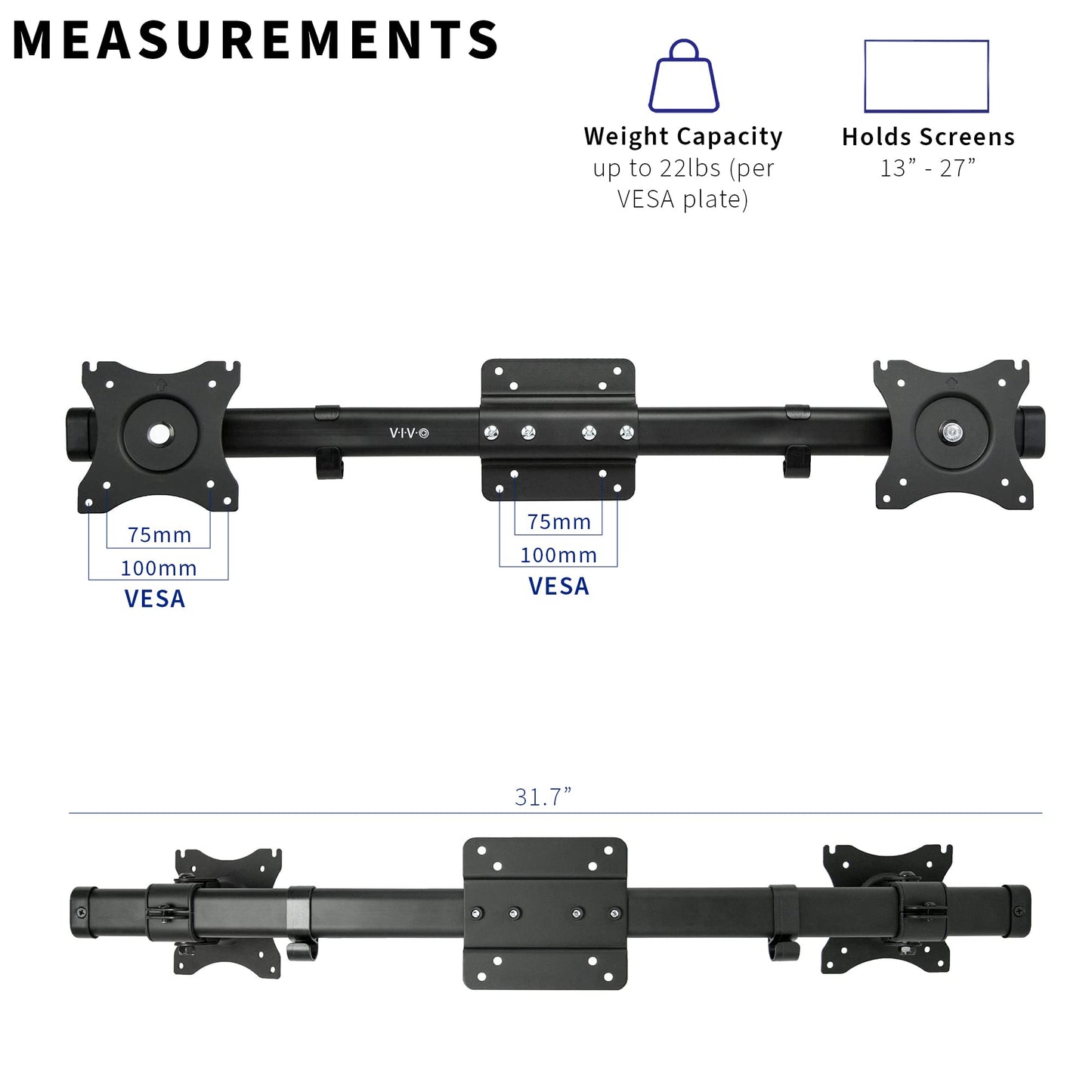 VIVO Dual VESA Bracket Adapter, Horizontal Assembly Mount for 2 Monitor Screens up to 27 inches, MOUNT-VW02A black