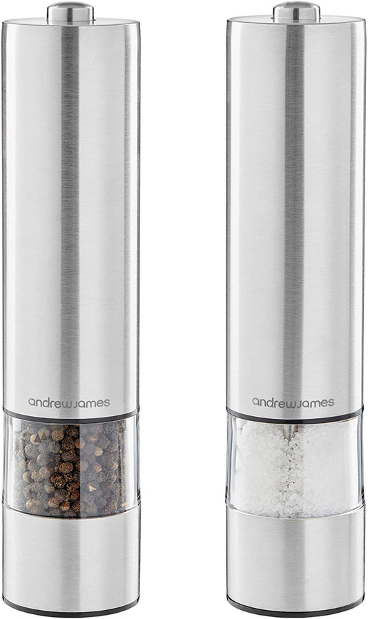 Andrew James Salt and Pepper Mills Electric Grinder Set | Illuminated Dispensing Adjustable Coarseness from Ceramic Blades | One Touch Operation | Battery Powered | 23cm x 5.5cm (Silver) Silver