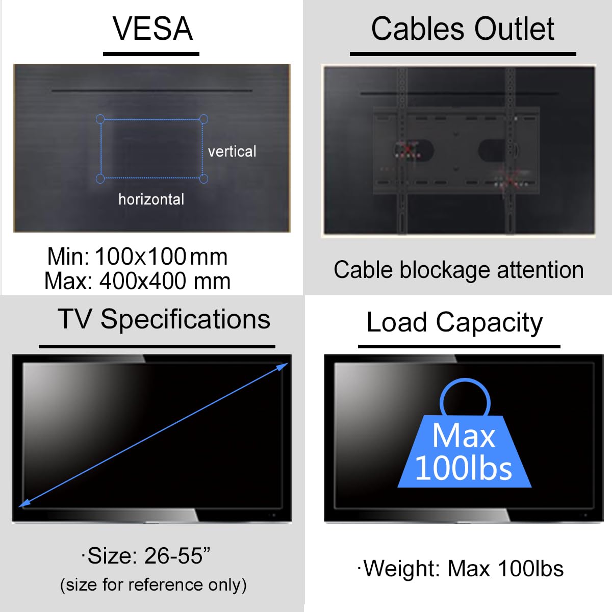 suptek Ceiling TV Mount Fits Most 26-55 inch LCD LED Plasma Panel Display with Max VESA 400x400mm Loaded up to 45kg/100lbs Height Adjustable MC4602 Max 55" TV