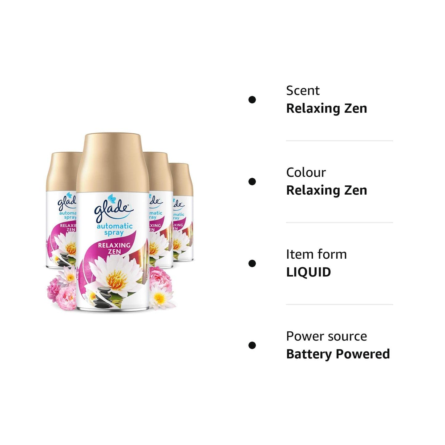 Glade Automatic Air Freshener Refills, Room Spray & Odour Eliminator, Relaxing Zen, Pack of 4 (4 x 269 ml)