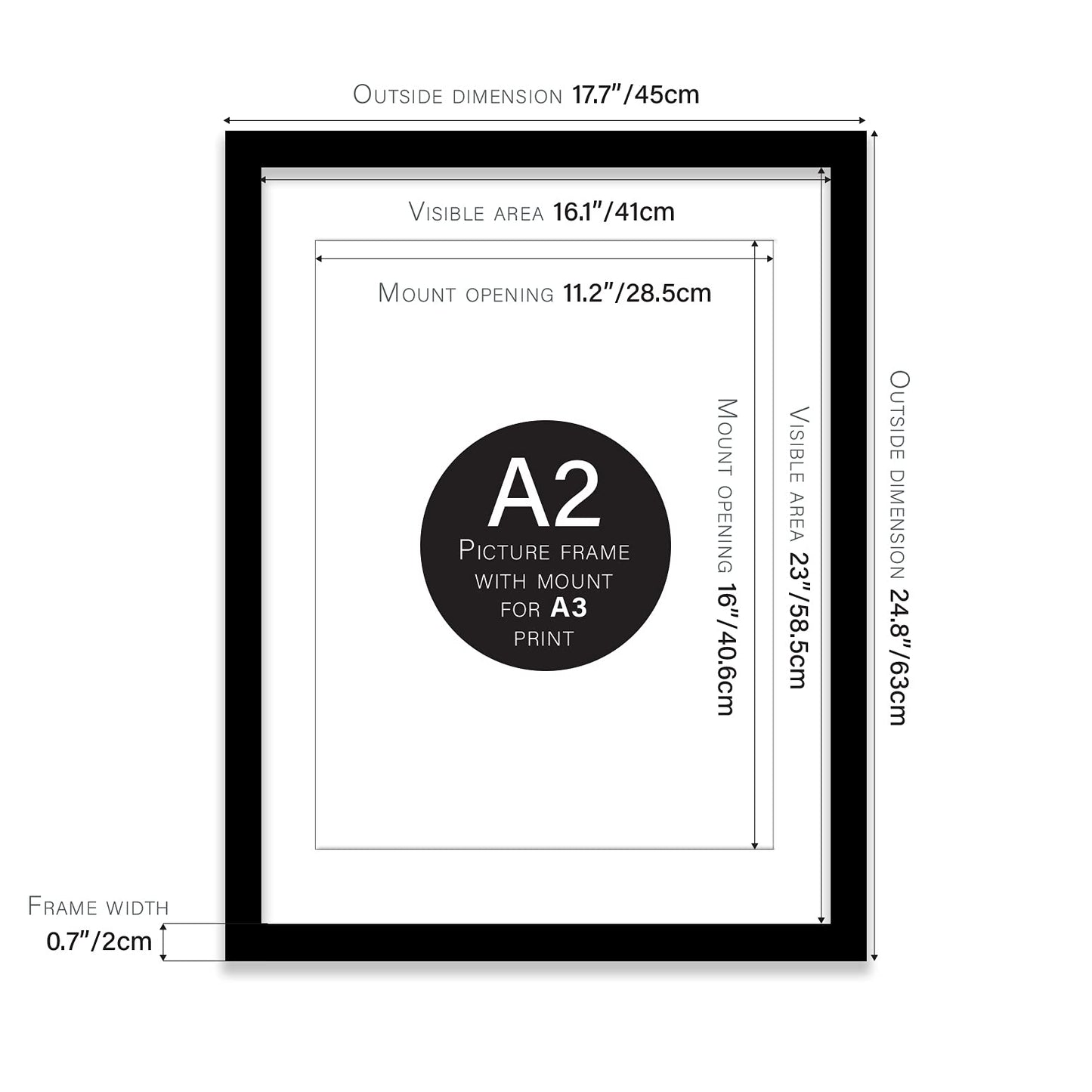 A2 Black Picture Frame With White Mount for A3 (29.7 x 42cm - 11.7 x 16.5in) Print, Photo, or Poster. Portrait and Horizontal Wall Hooks A2 Frame With A3 Mount