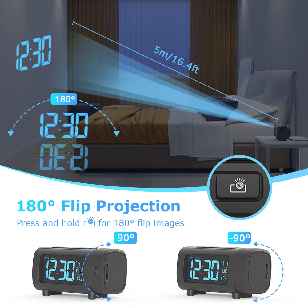 LIORQUE Projection Alarm Clock, Digital Alarm Clocks Bedside with FM Radio, Radio Alarm Clock with Projector, Large VA Display, 4-Level Dimmer, Snooze, Digital Alarm Clock for Bedroom