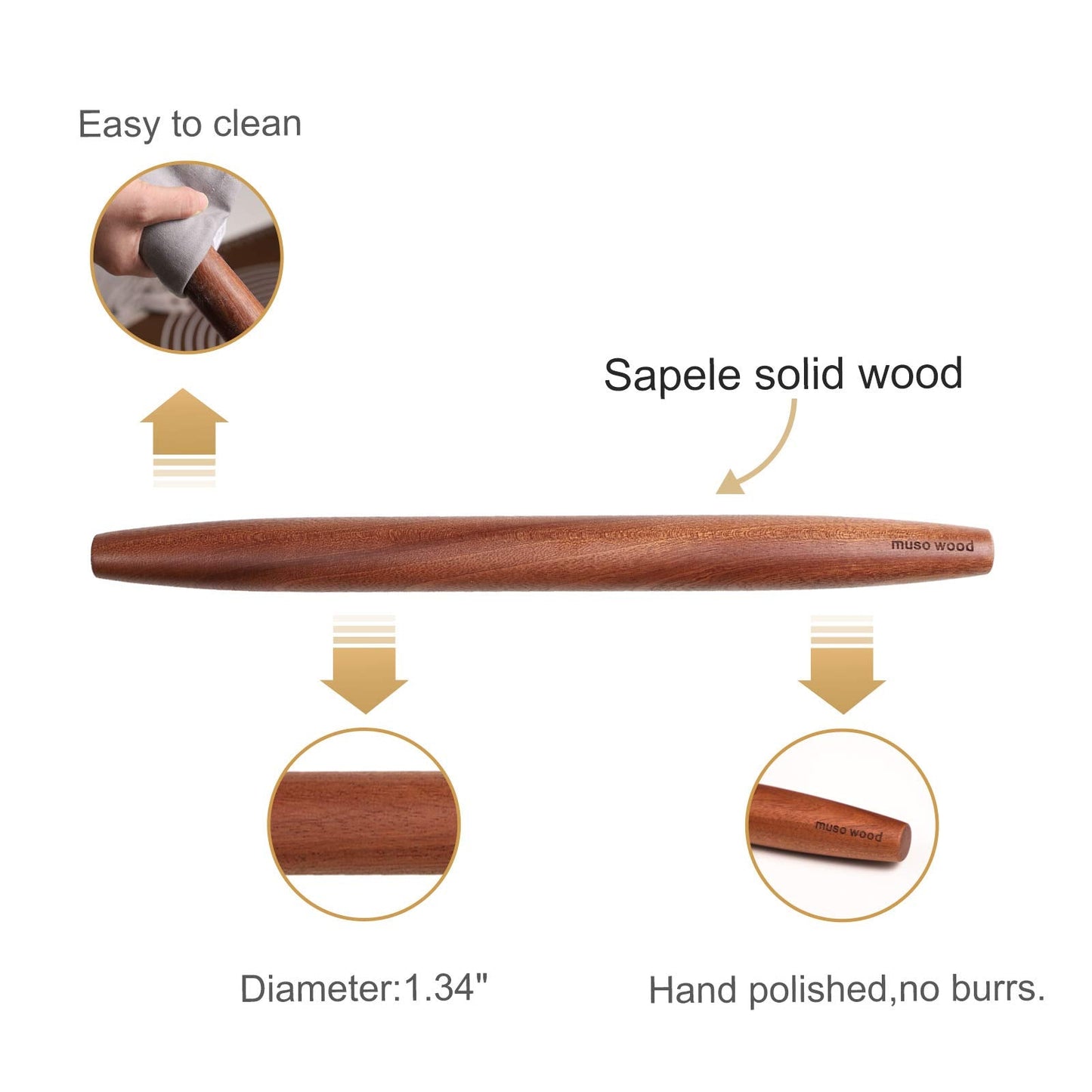 Muso Wood Rolling Pin for Baking Non Stick Wooden French Rolling pin 40cm, Tapered Rolling pin for Fondant, Pastry, Pizza, Cookie, Pie Crust(Sapele Wood Roller) French 40cm