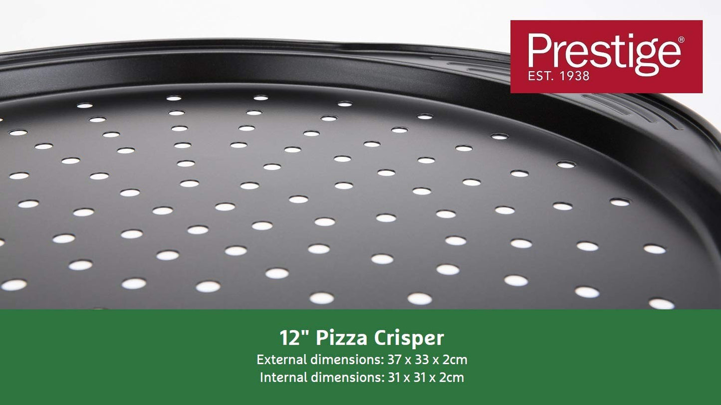 Prestige Non Stick Pizza Tray 12 inch - Aerolift Pizza Pan, Durable Carbon Steel with Extra Large Handles & Cushion Base, Pizza Oven Tray, 31 x 31 x 2 cm 12" Pizza Crisper