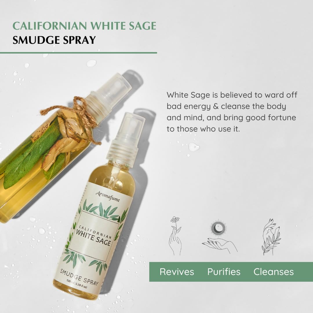 White Sage (California) Smudge Spray & Natural Mist by Aromafume | 100 ml / 3.3oz | Made with Salvia Apiana White Sage Extracts | Ideal for positivity, and cleansing | Non alcoholic, non-toxic & vegan