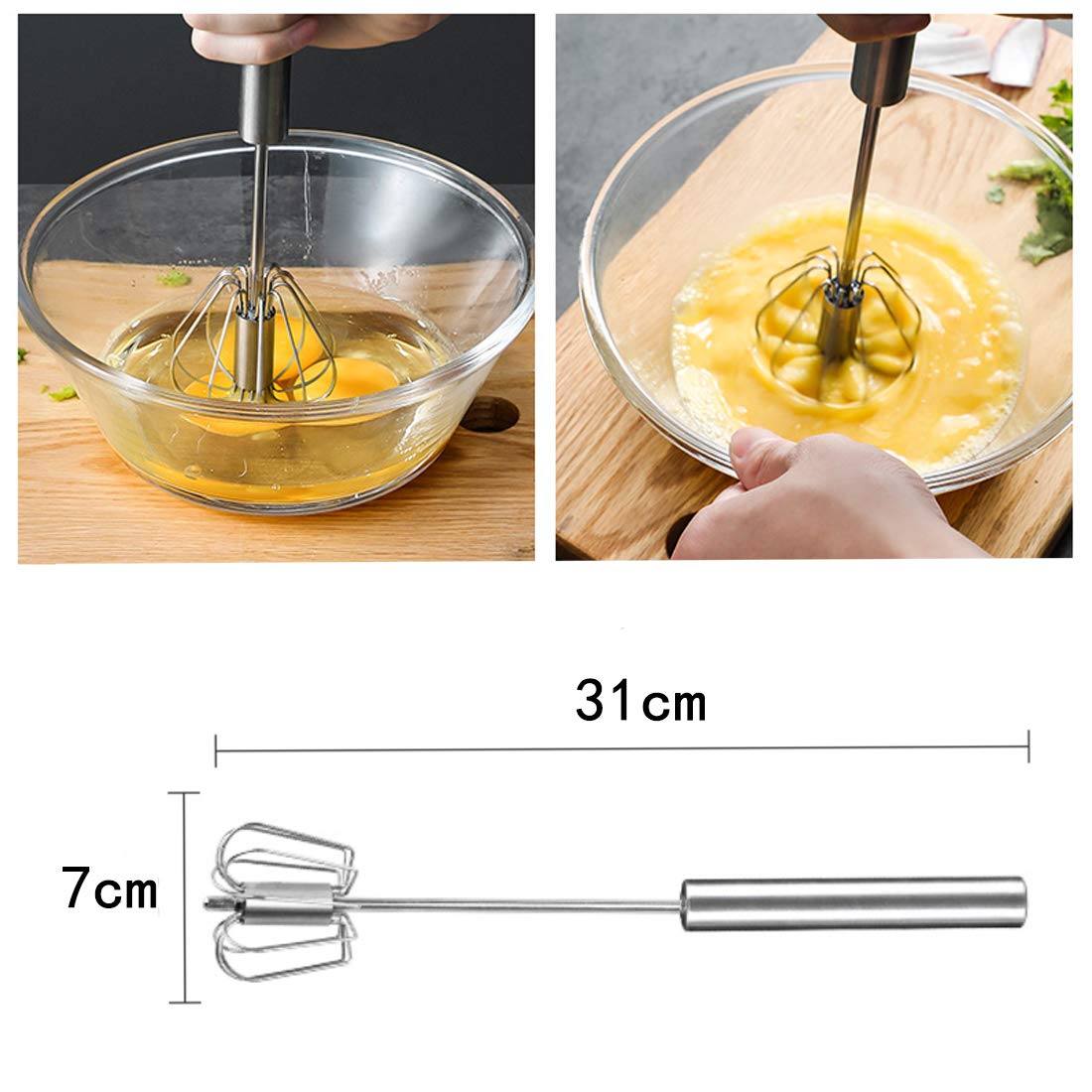 Feeziloe Egg Whisk, Hand Push Whisk Blender, Stainless Steel Egg Beater, Milk Frother, Rotating Push Mixer Stirrer for Whisking, Beating, Stirring