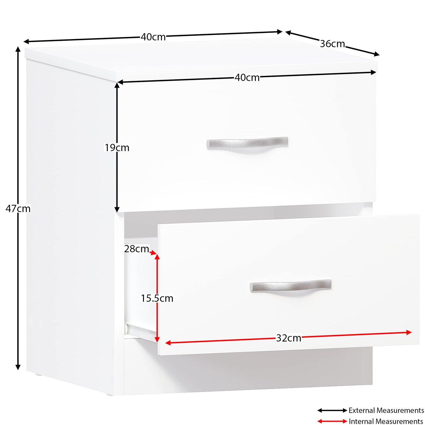 Vida Designs White Bedside Cabinet, 2 Drawer With Metal Handles & Runners, Unique Anti-Bowing Drawer Support, Riano Bedroom Furniture