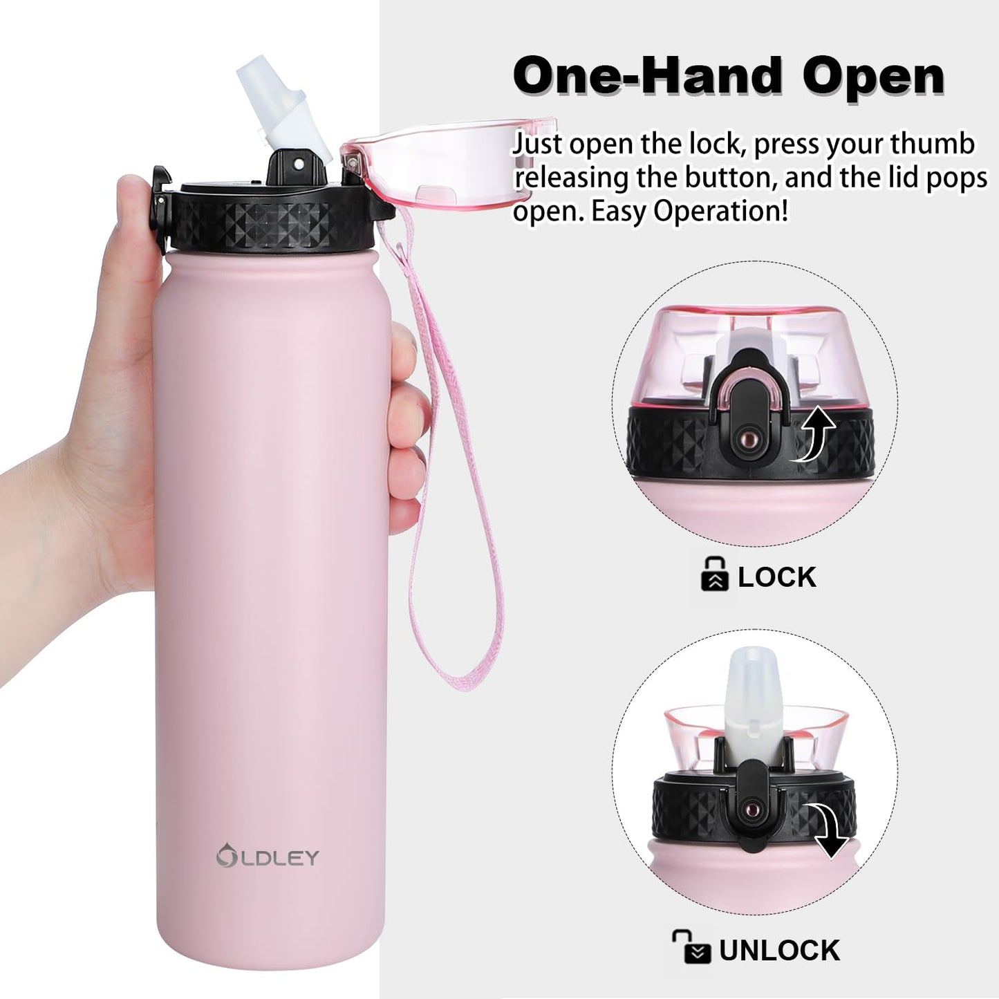 OLDLEY Stainless Steel Water Bottle with Straw 1L Vaccum Insulated Large Drink Flask Metal Water Bottles 1 Litre Leakproof Keep Drinks Hot Cold for Bike Camping Sports Gym Adult Women Men 1 Lid Pink