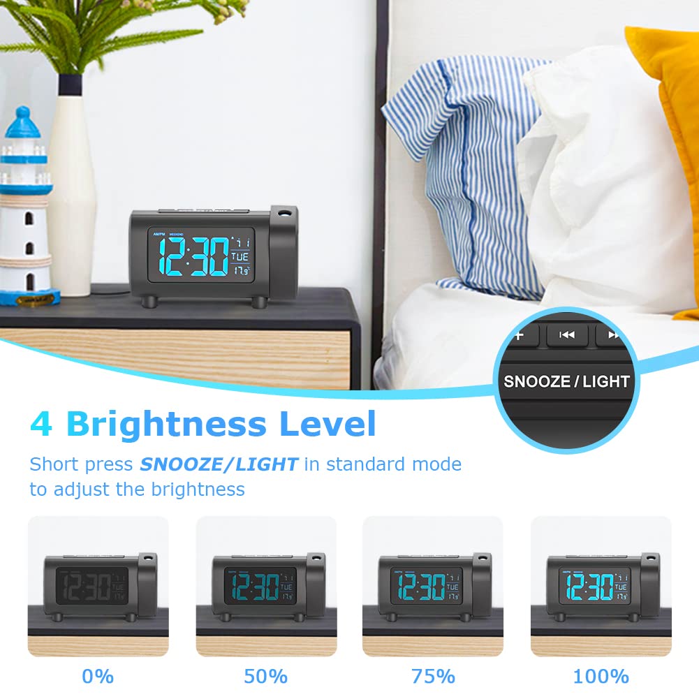 LIORQUE Projection Alarm Clock, Digital Alarm Clocks Bedside with FM Radio, Radio Alarm Clock with Projector, Large VA Display, 4-Level Dimmer, Snooze, Digital Alarm Clock for Bedroom