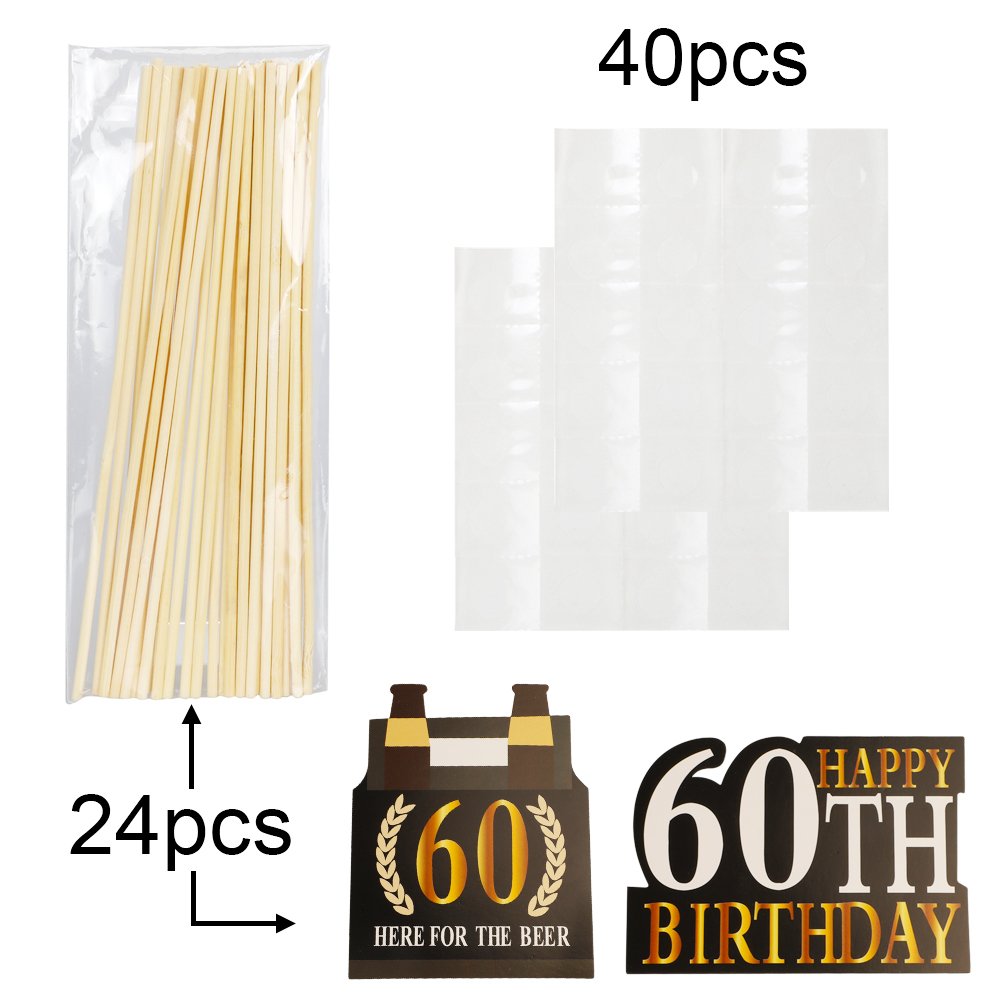 KissDate 24Pcs 60th Birthday Photo Booth Props, Funny DIY Kit for Men Women 60th Birthday Party Supplies 60th Birthday Decorations for Men Women(Black and Gold)