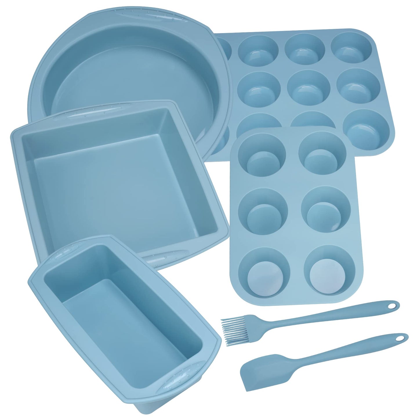 Economical 7in1 Nonstick Silicone Baking Cake Pan Tin Tray Sheet Mould Set for Oven, BPA Free Heat Resistant Bakeware Supplies Mold Tools Kit for Pancake Crepe Cupcake Bread Loaf Muffin Scones Utensil Blue 7in1