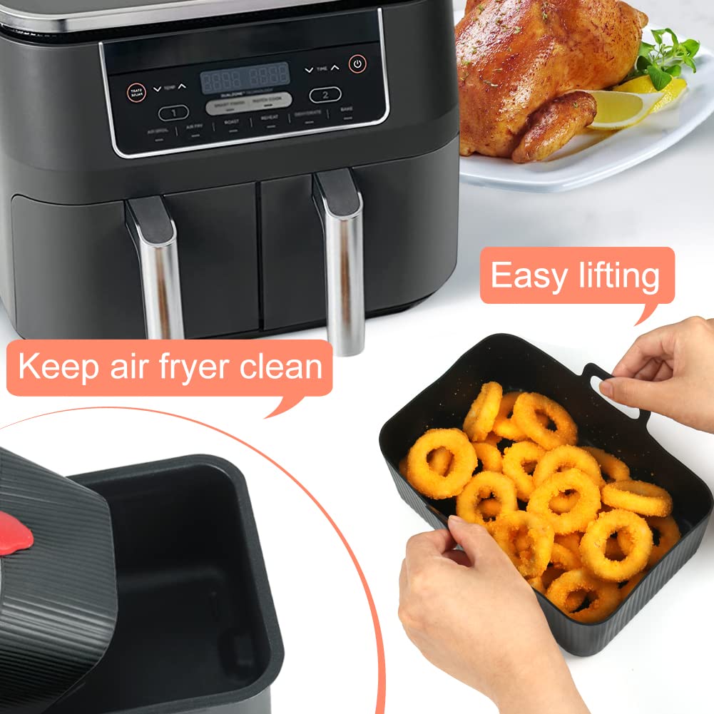 BYKITCHEN Silicone Air Fryer Liners for Ninja Dual 9.5L/Tower 9L/Instant Vortex/Salter, Large Air Fryer Accessories for Ninja AF451UK/AF400UK/EMtronics/Devology & Other 2 Drawer Air Fryer Enlarged Black