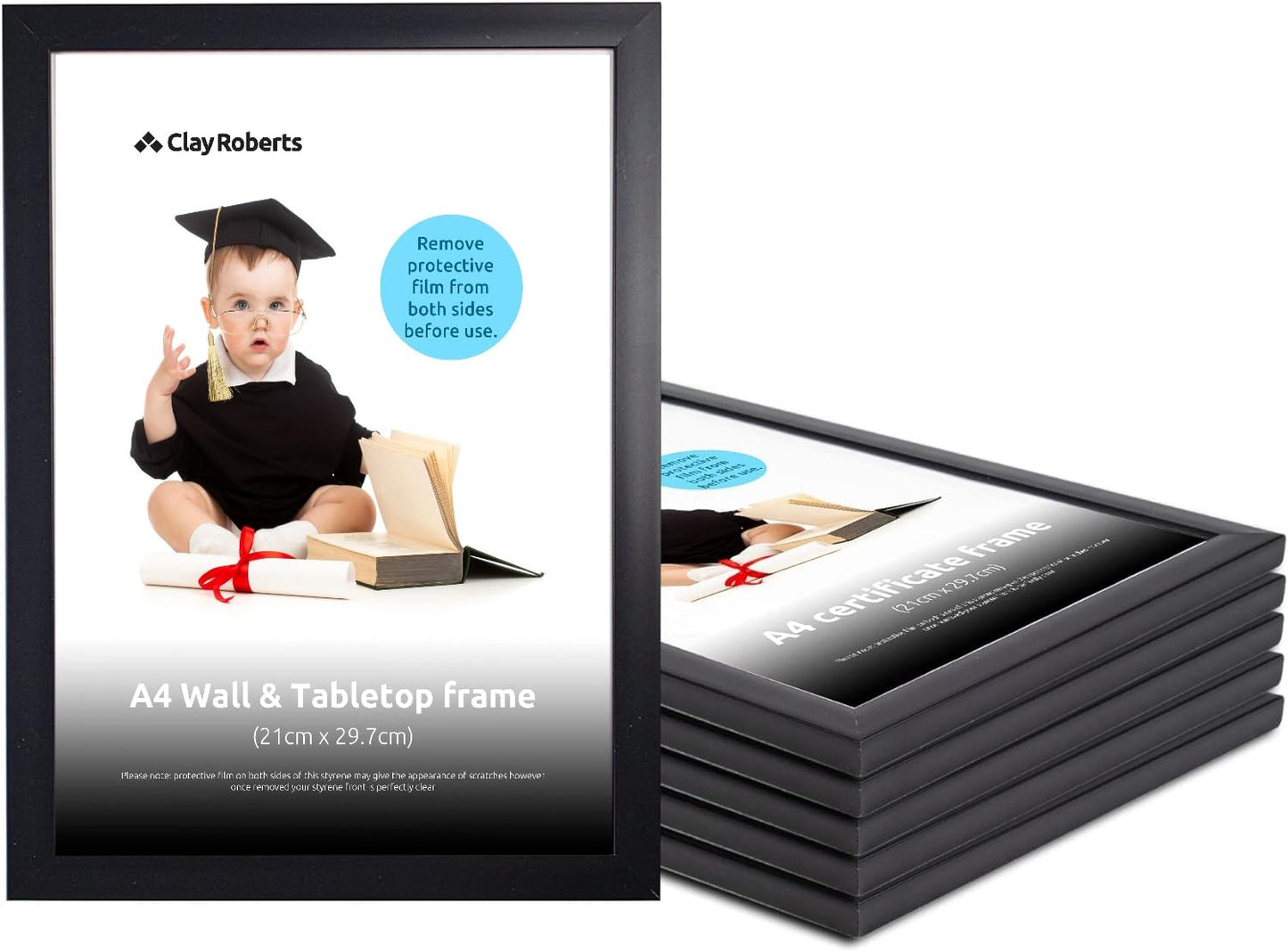 Clay Roberts A4 Frame, Photo Frame, Black A4, Pack of 6, Picture Frame, Certificate Frame, Art Print Poster Frame, Freestanding and Wall Mountable, 21cm x 29.7cm Picture Frame Set Black 6 Pack