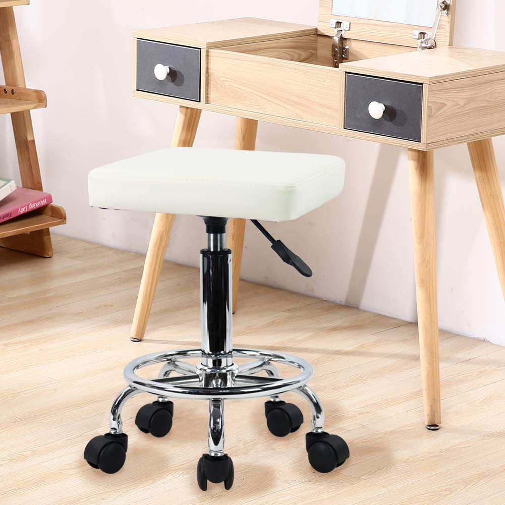 KKTONER Square Rolling Stool PU Leather Height Adjustable Swivel Massage SPA Salon Stools Task Chair with Wheels (White) White